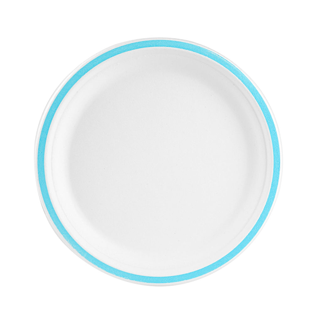 Pulp Safe No PFAS Added Round White Sugarcane / Bagasse Plate - Home Compostable, with Blue Rim - 10 1/4" x 10 1/4" - 100 count box
