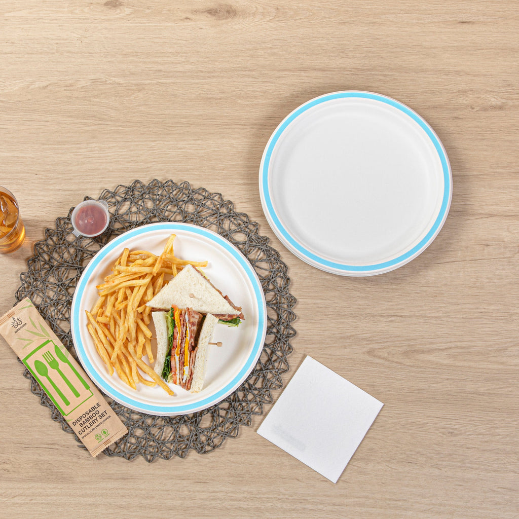 Pulp Safe No PFAS Added Round White Sugarcane / Bagasse Plate - Home Compostable, with Blue Rim - 10 1/4" x 10 1/4" - 100 count box