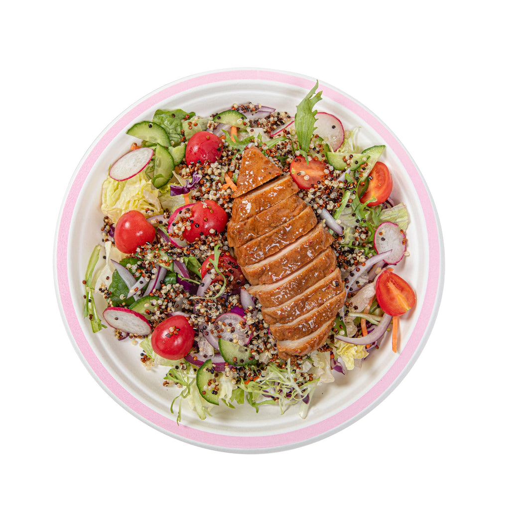 Pulp Safe No PFAS Added Round White Sugarcane / Bagasse Plate - Home Compostable, with Pink Rim - 10 1/4" x 10 1/4" - 100 count box