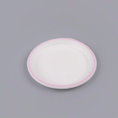 Pulp Safe No PFAS Added Round White Sugarcane / Bagasse Plate - Home Compostable, with Pink Rim - 10 1/4" x 10 1/4" - 100 count box