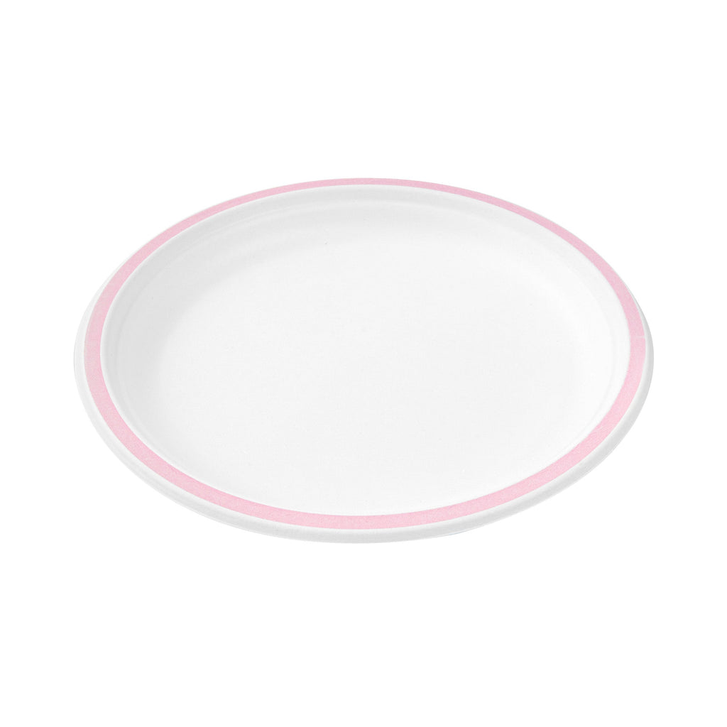 Pulp Safe No PFAS Added Round White Sugarcane / Bagasse Plate - Home Compostable, with Pink Rim - 10 1/4" x 10 1/4" - 100 count box