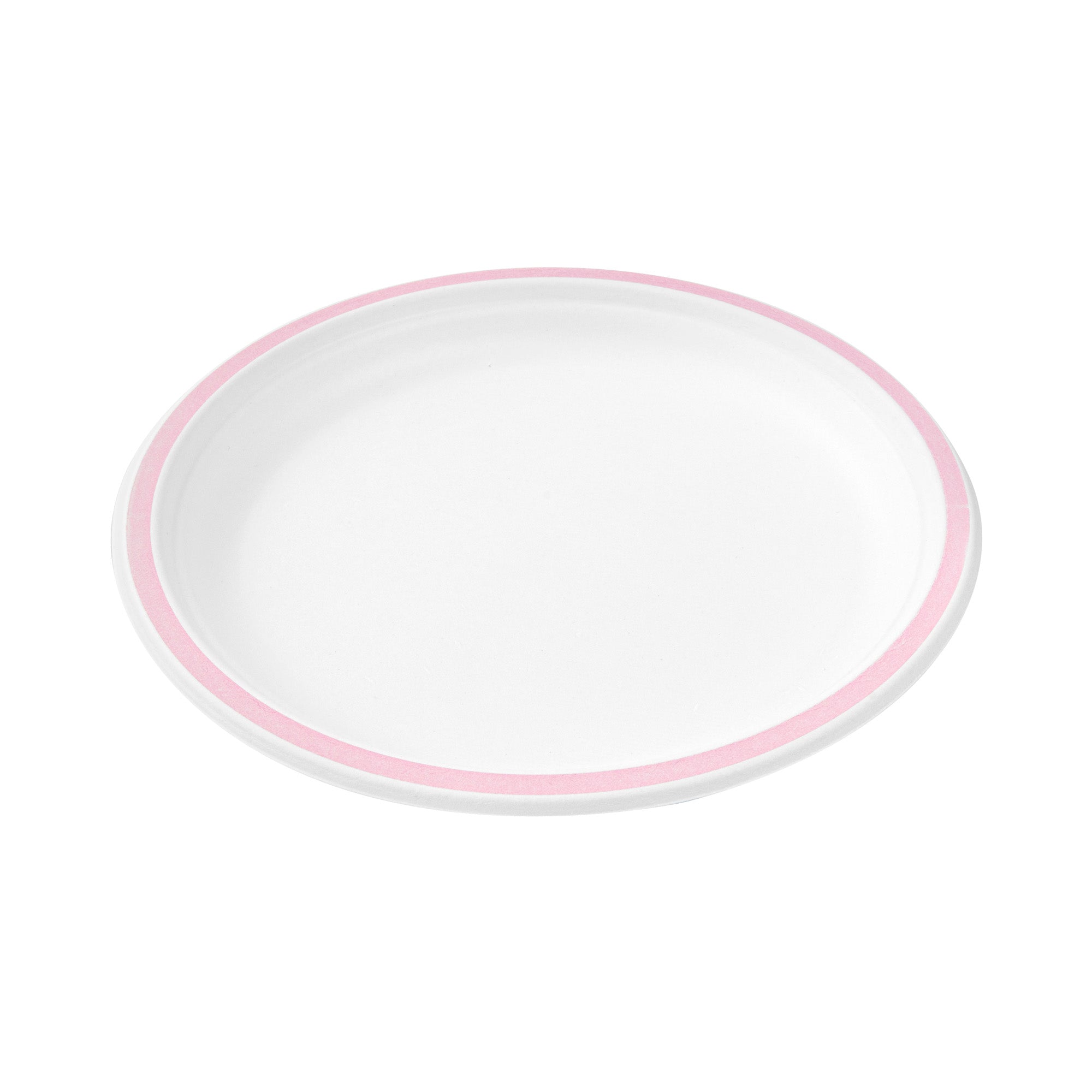 Pulp Safe No PFAS Added Round White Sugarcane / Bagasse Plate - Home Compostable, with Pink Rim - 10 1/4" x 10 1/4" - 100 count box