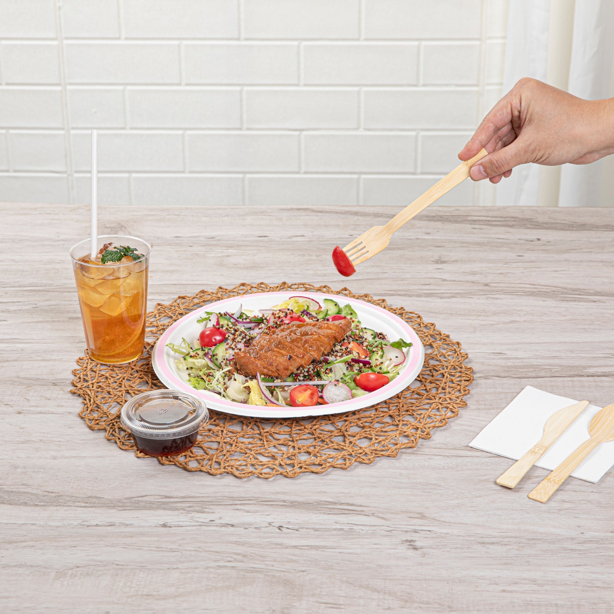 Pulp Safe No PFAS Added Round White Sugarcane / Bagasse Plate - Home Compostable, with Pink Rim - 10 1/4" x 10 1/4" - 100 count box