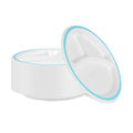 Pulp Safe No PFAS Added Round White Sugarcane/Bagasse Plate - 3 Compartments, Home Compostable, Blue Rim - 10 1/4" x 10 1/4" - 100 count box