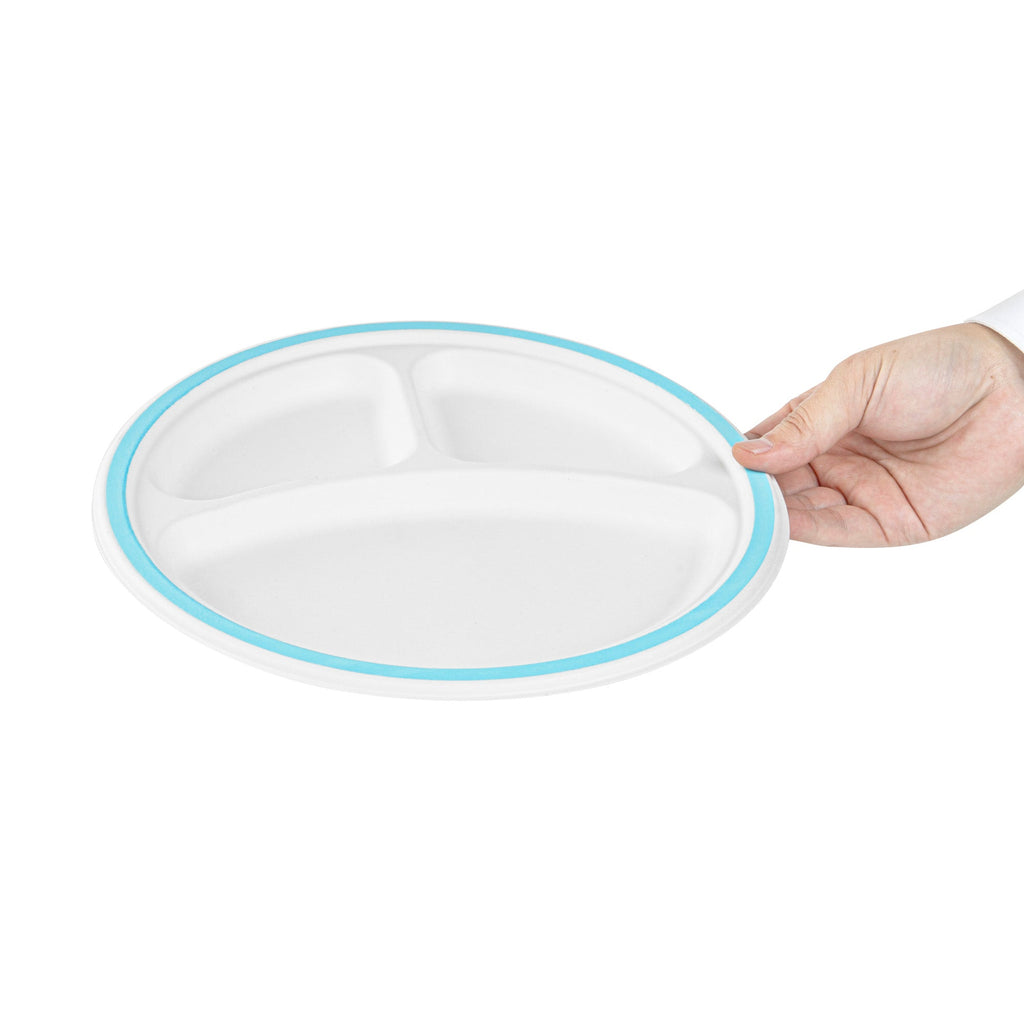 Pulp Safe No PFAS Added Round White Sugarcane/Bagasse Plate - 3 Compartments, Home Compostable, Blue Rim - 10 1/4" x 10 1/4" - 100 count box