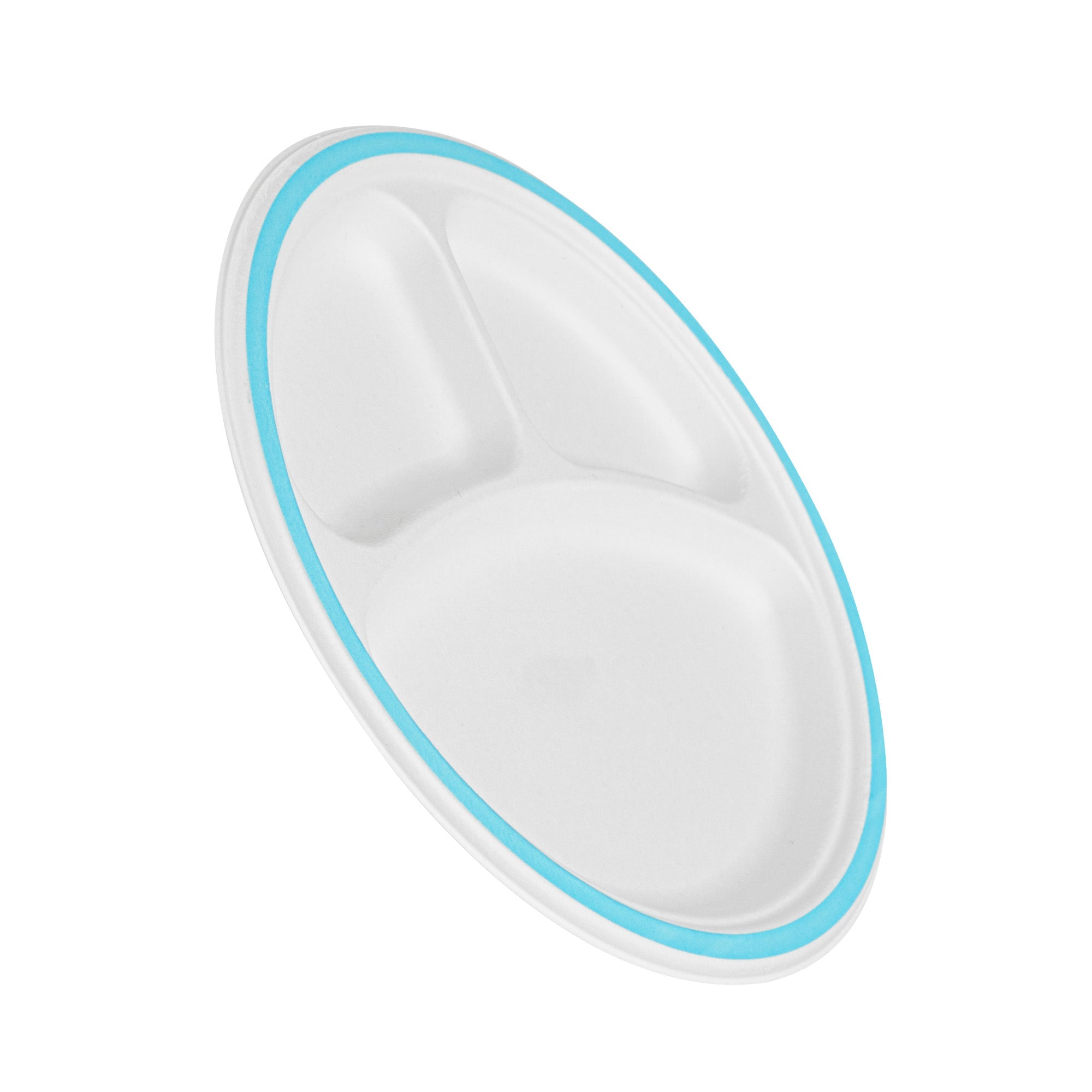 Pulp Safe No PFAS Added Round White Sugarcane/Bagasse Plate - 3 Compartments, Home Compostable, Blue Rim - 10 1/4" x 10 1/4" - 100 count box
