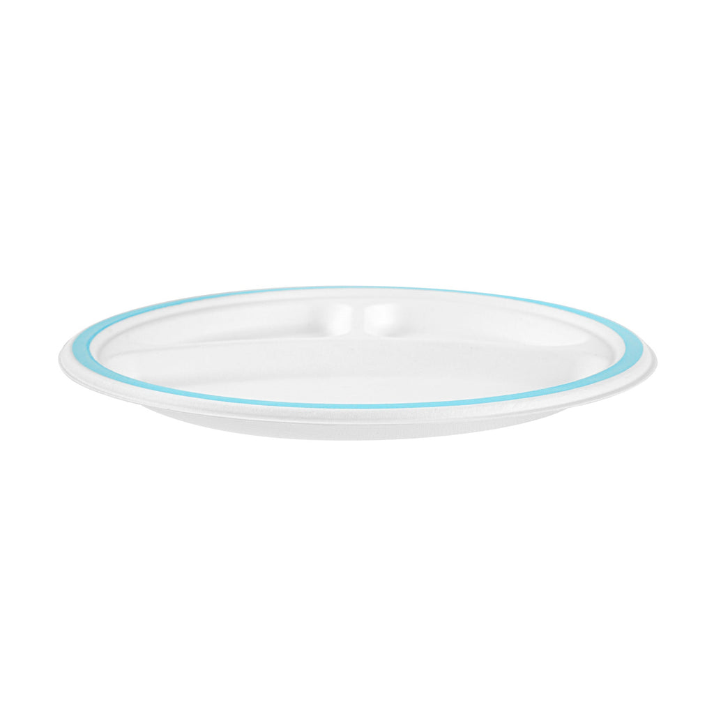 Pulp Safe No PFAS Added Round White Sugarcane/Bagasse Plate - 3 Compartments, Home Compostable, Blue Rim - 10 1/4" x 10 1/4" - 100 count box