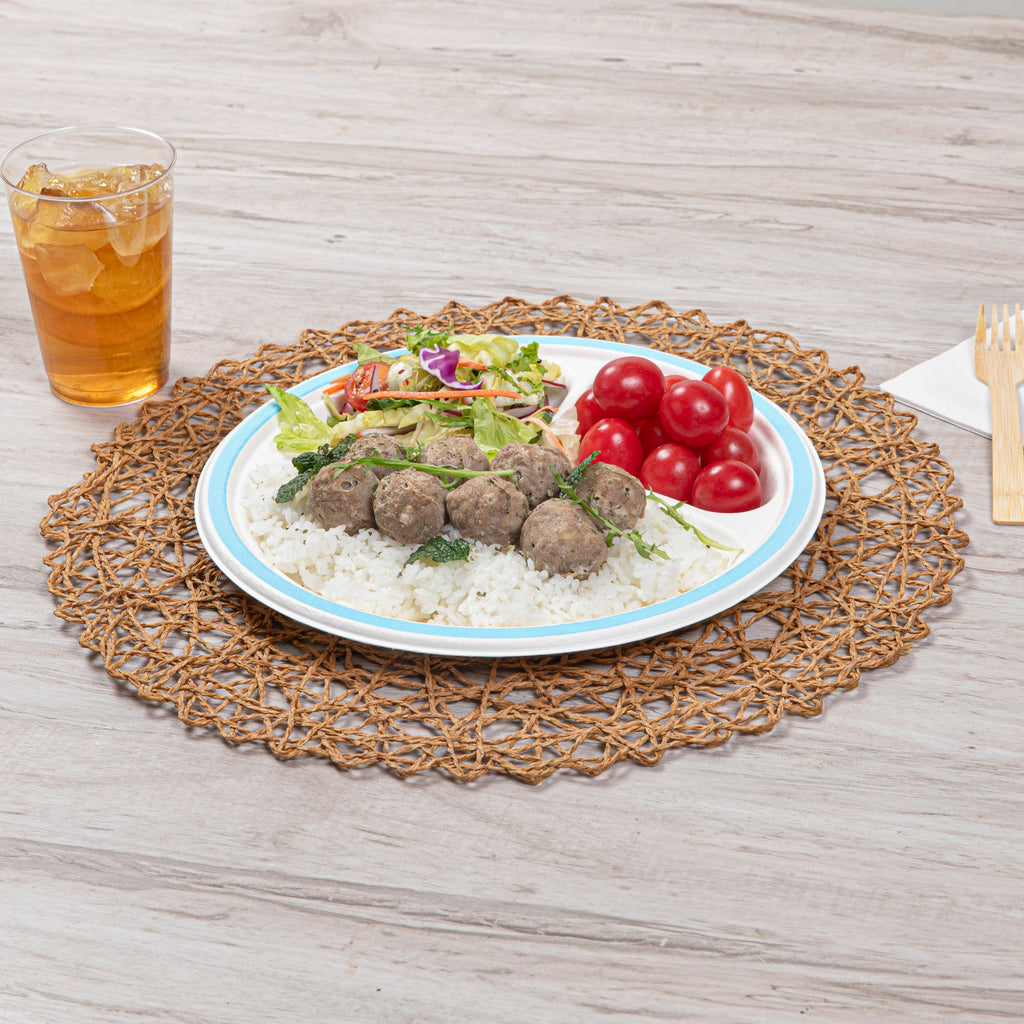 Pulp Safe No PFAS Added Round White Sugarcane/Bagasse Plate - 3 Compartments, Home Compostable, Blue Rim - 10 1/4" x 10 1/4" - 100 count box