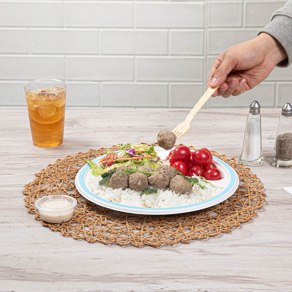 Pulp Safe No PFAS Added Round White Sugarcane/Bagasse Plate - 3 Compartments, Home Compostable, Blue Rim - 10 1/4" x 10 1/4" - 100 count box