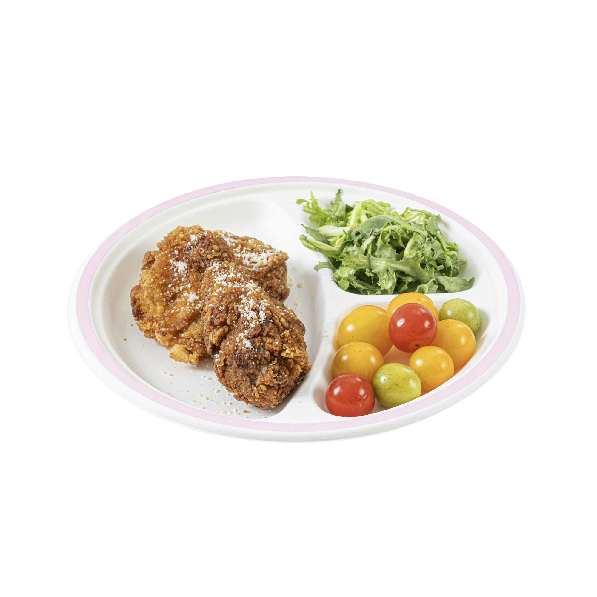 Pulp Safe No PFAS Added Round White Sugarcane/Bagasse Plate - 3 Compartments, Home Compostable, Pink Rim - 10 1/4" x 10 1/4" - 100 count box