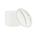 Pulp Safe No PFAS Added Round White Sugarcane/Bagasse Plate - 3 Compartments, Home Compostable, Pink Rim - 10 1/4" x 10 1/4" - 100 count box