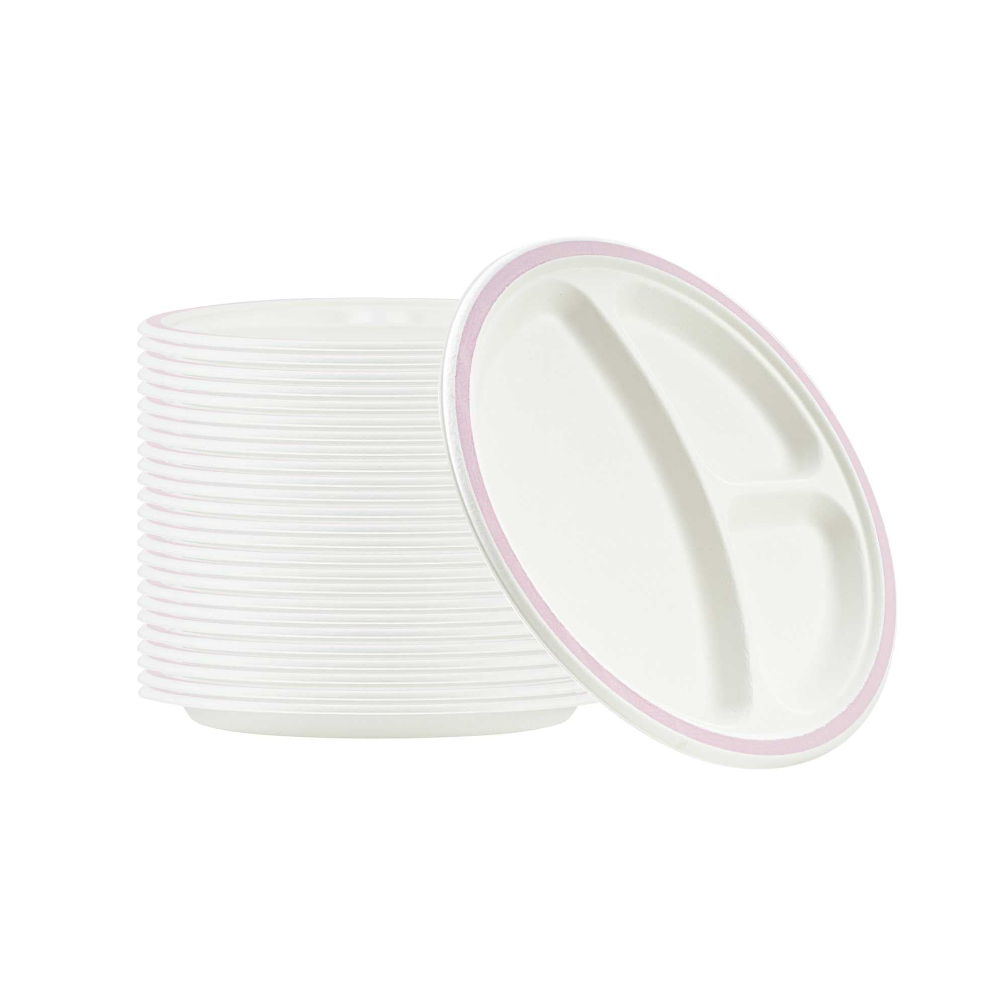 Pulp Safe No PFAS Added Round White Sugarcane/Bagasse Plate - 3 Compartments, Home Compostable, Pink Rim - 10 1/4" x 10 1/4" - 100 count box