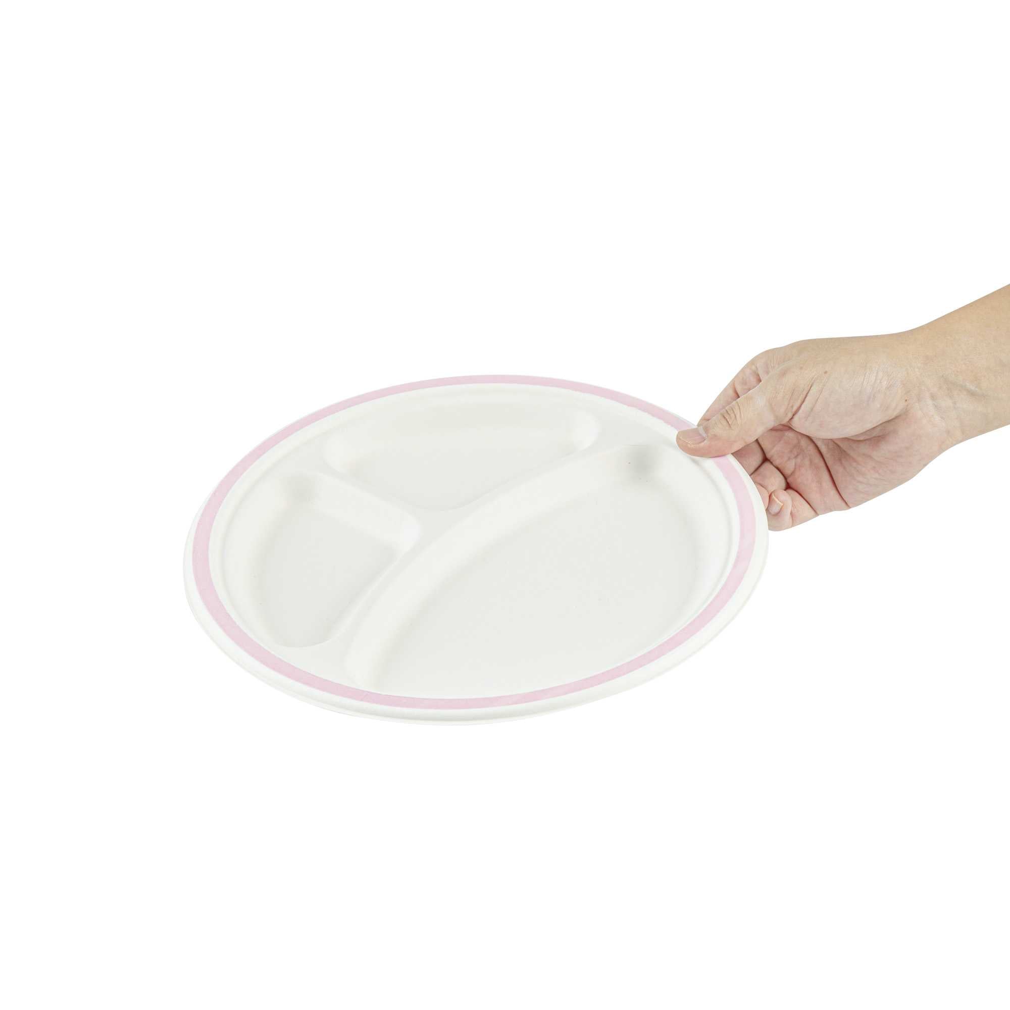 Pulp Safe No PFAS Added Round White Sugarcane/Bagasse Plate - 3 Compartments, Home Compostable, Pink Rim - 10 1/4" x 10 1/4" - 100 count box