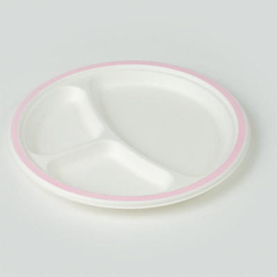 Pulp Safe No PFAS Added Round White Sugarcane/Bagasse Plate - 3 Compartments, Home Compostable, Pink Rim - 10 1/4" x 10 1/4" - 100 count box