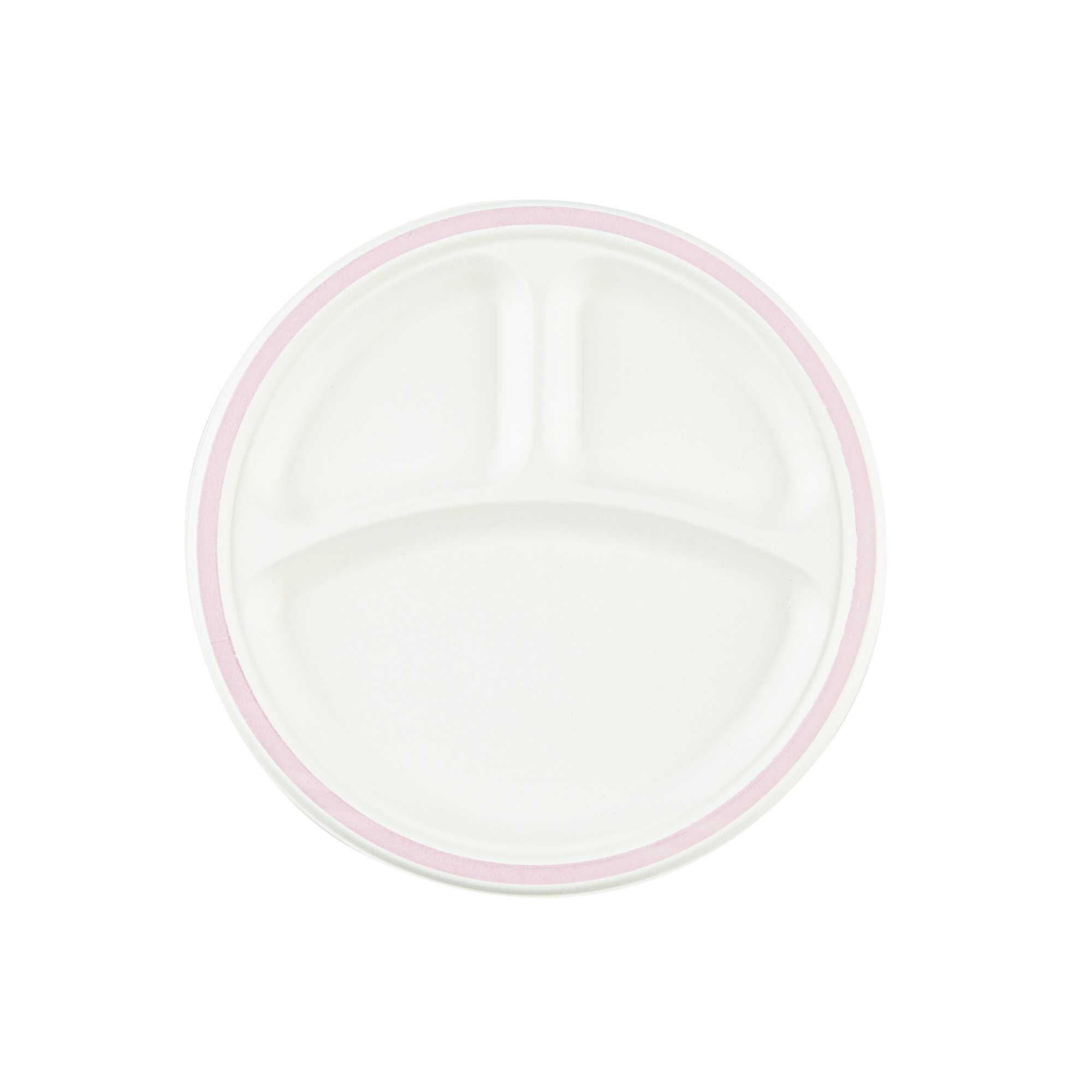 Pulp Safe No PFAS Added Round White Sugarcane/Bagasse Plate - 3 Compartments, Home Compostable, Pink Rim - 10 1/4" x 10 1/4" - 100 count box