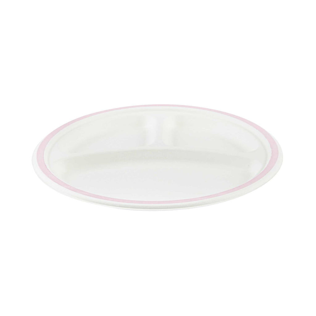 Pulp Safe No PFAS Added Round White Sugarcane/Bagasse Plate - 3 Compartments, Home Compostable, Pink Rim - 10 1/4" x 10 1/4" - 100 count box