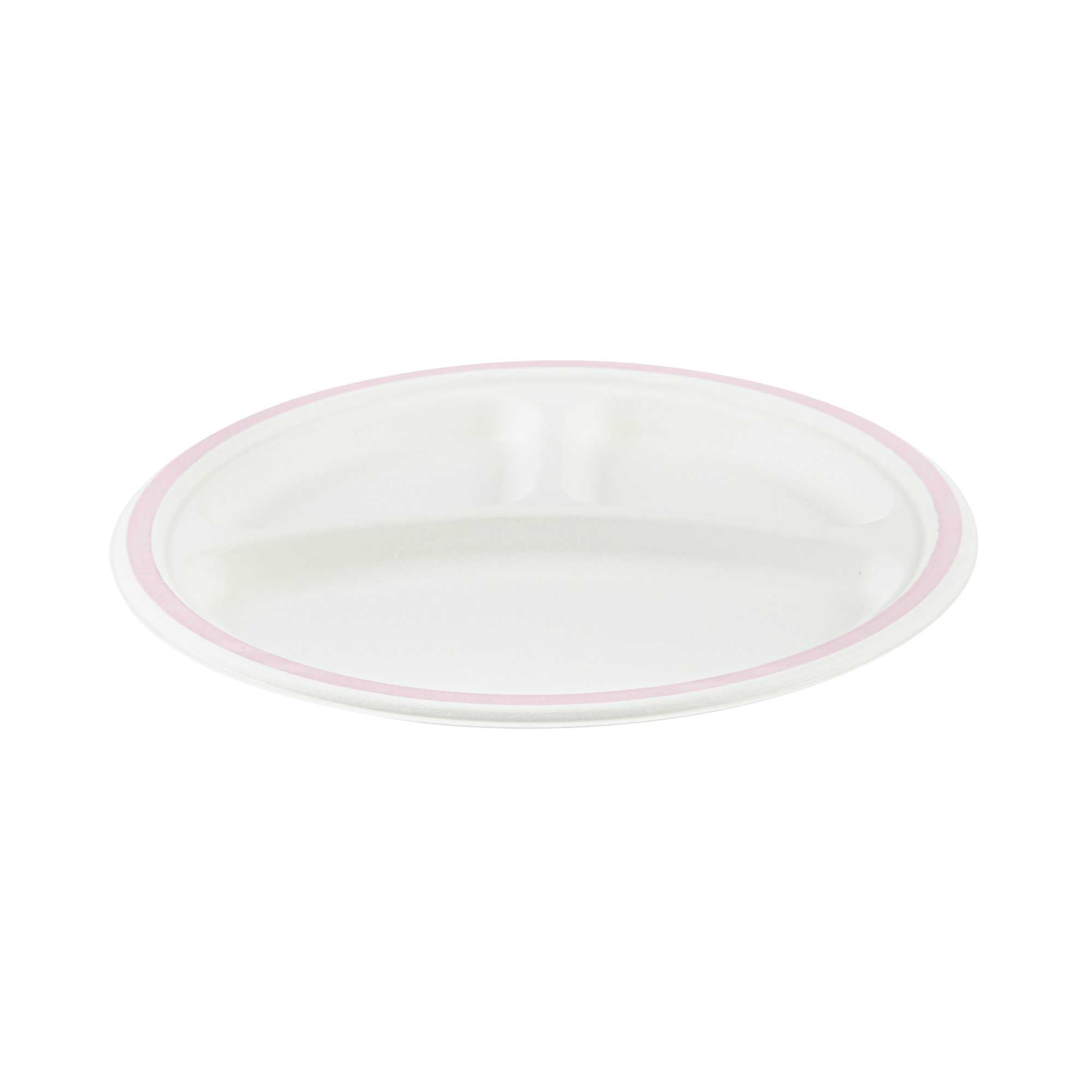 Pulp Safe No PFAS Added Round White Sugarcane/Bagasse Plate - 3 Compartments, Home Compostable, Pink Rim - 10 1/4" x 10 1/4" - 100 count box