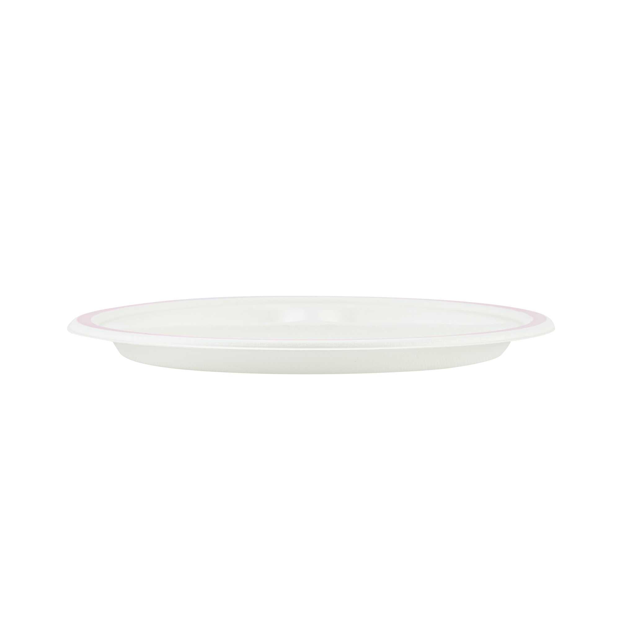 Pulp Safe No PFAS Added Round White Sugarcane/Bagasse Plate - 3 Compartments, Home Compostable, Pink Rim - 10 1/4" x 10 1/4" - 100 count box