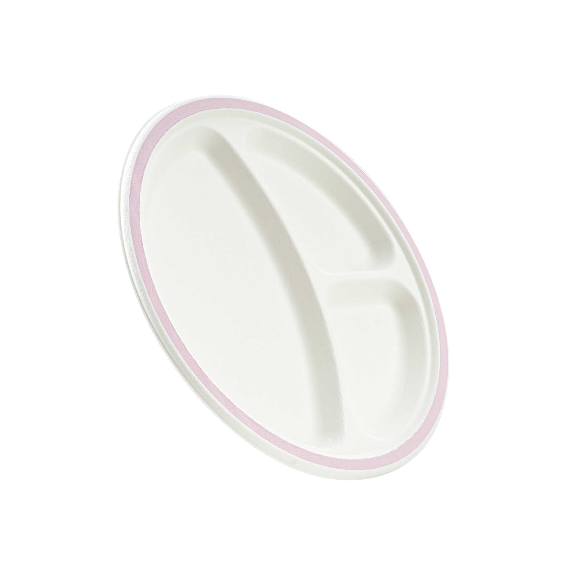 Pulp Safe No PFAS Added Round White Sugarcane/Bagasse Plate - 3 Compartments, Home Compostable, Pink Rim - 10 1/4" x 10 1/4" - 100 count box