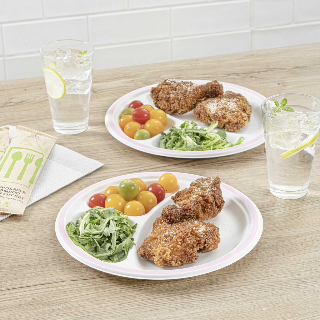 Pulp Safe No PFAS Added Round White Sugarcane/Bagasse Plate - 3 Compartments, Home Compostable, Pink Rim - 10 1/4" x 10 1/4" - 100 count box