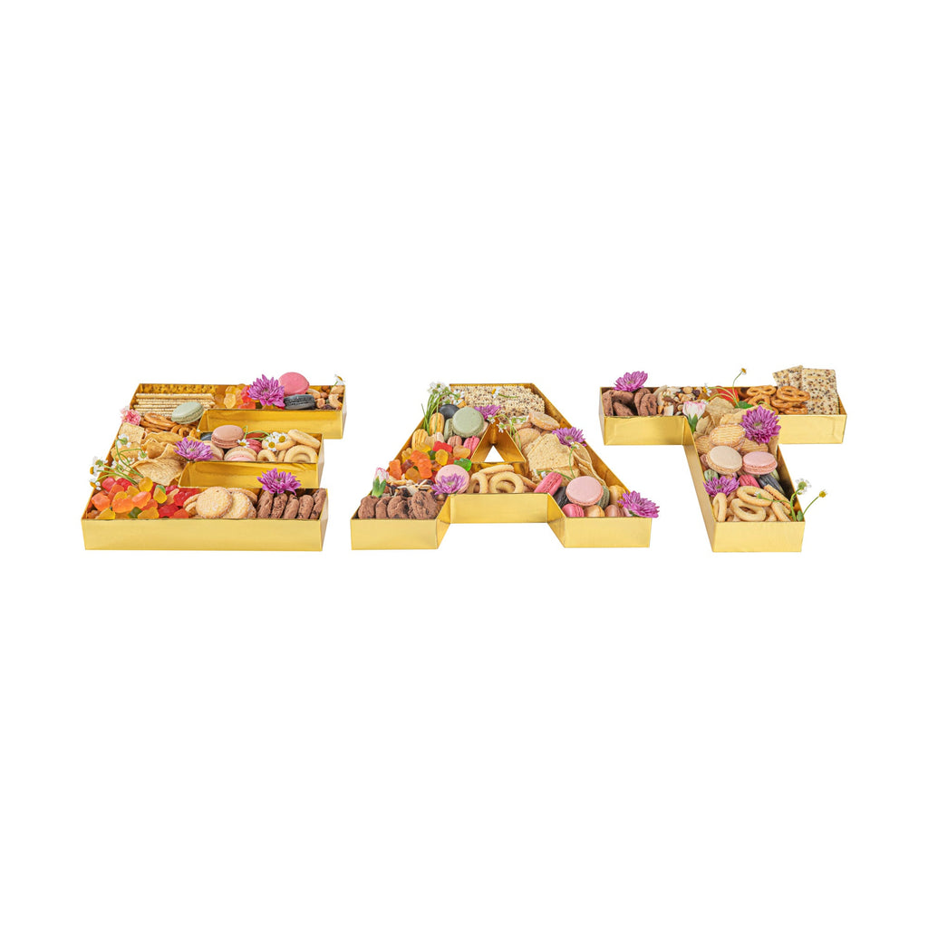 Chef 101 Gold Paper Charcuterie Fillable EAT Letter Trays - 12 1/2" x 12" x 4 3/4" - 1 count box