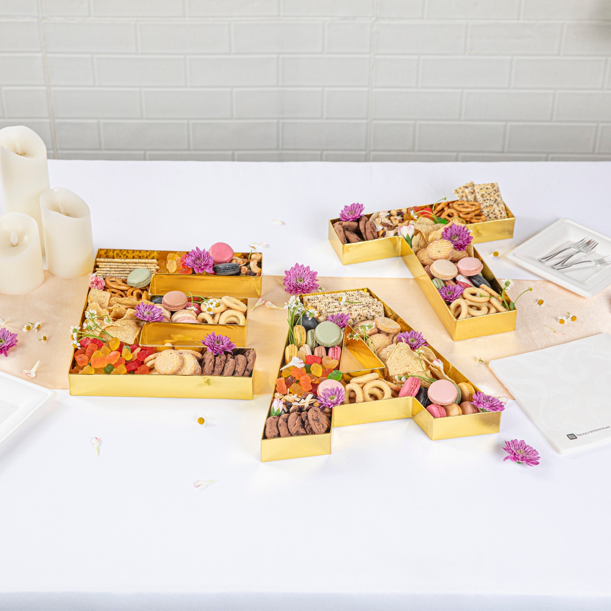 Chef 101 Gold Paper Charcuterie Fillable EAT Letter Trays - 12 1/2" x 12" x 4 3/4" - 1 count box