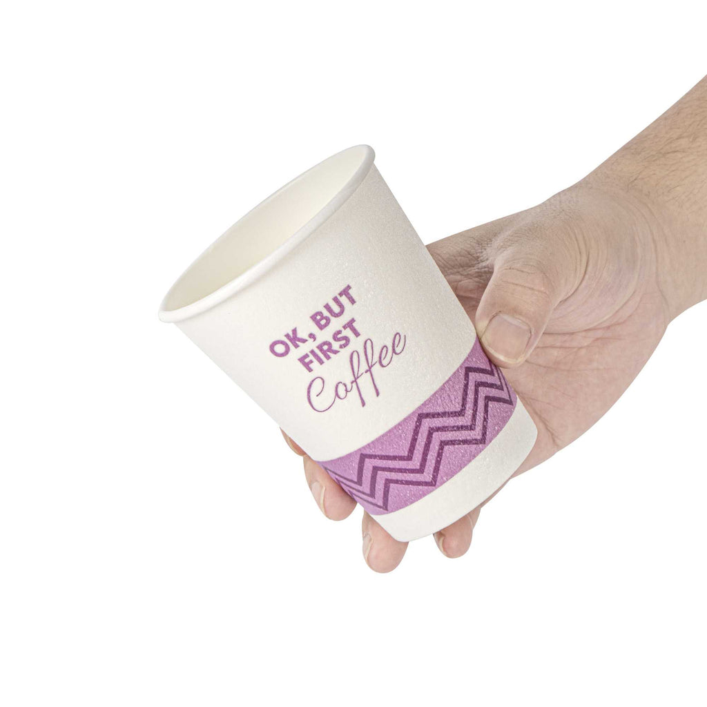 Restpresso 12 oz Pink Paper Insulated Hot Cup - Ok, But First Coffee - 25 count box