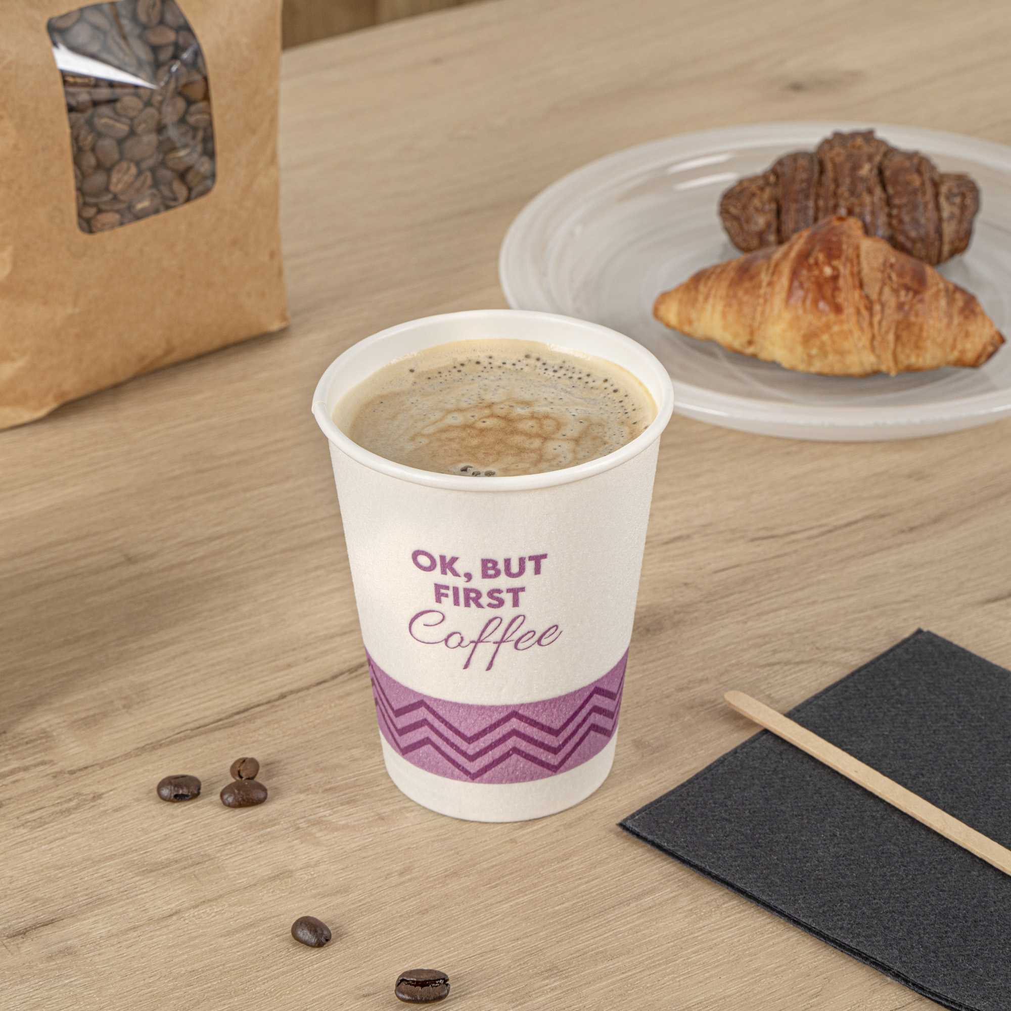 Restpresso 12 oz Pink Paper Insulated Hot Cup - Ok, But First Coffee - 25 count box