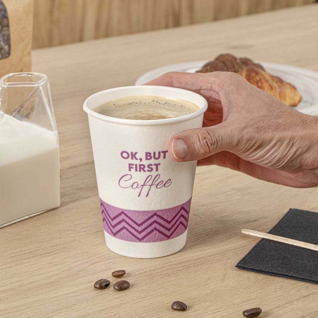 Restpresso 12 oz Pink Paper Insulated Hot Cup - Ok, But First Coffee - 25 count box