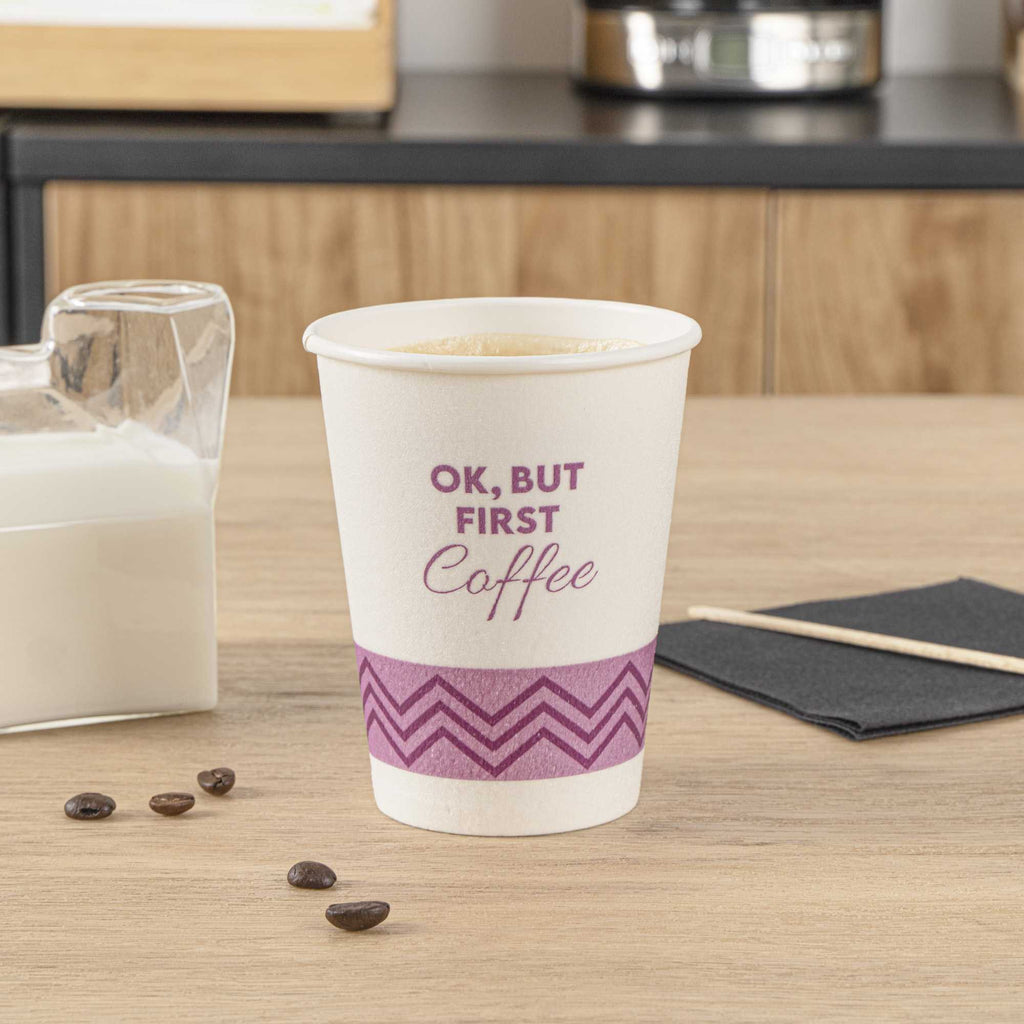 Restpresso 12 oz Pink Paper Insulated Hot Cup - Ok, But First Coffee - 25 count box