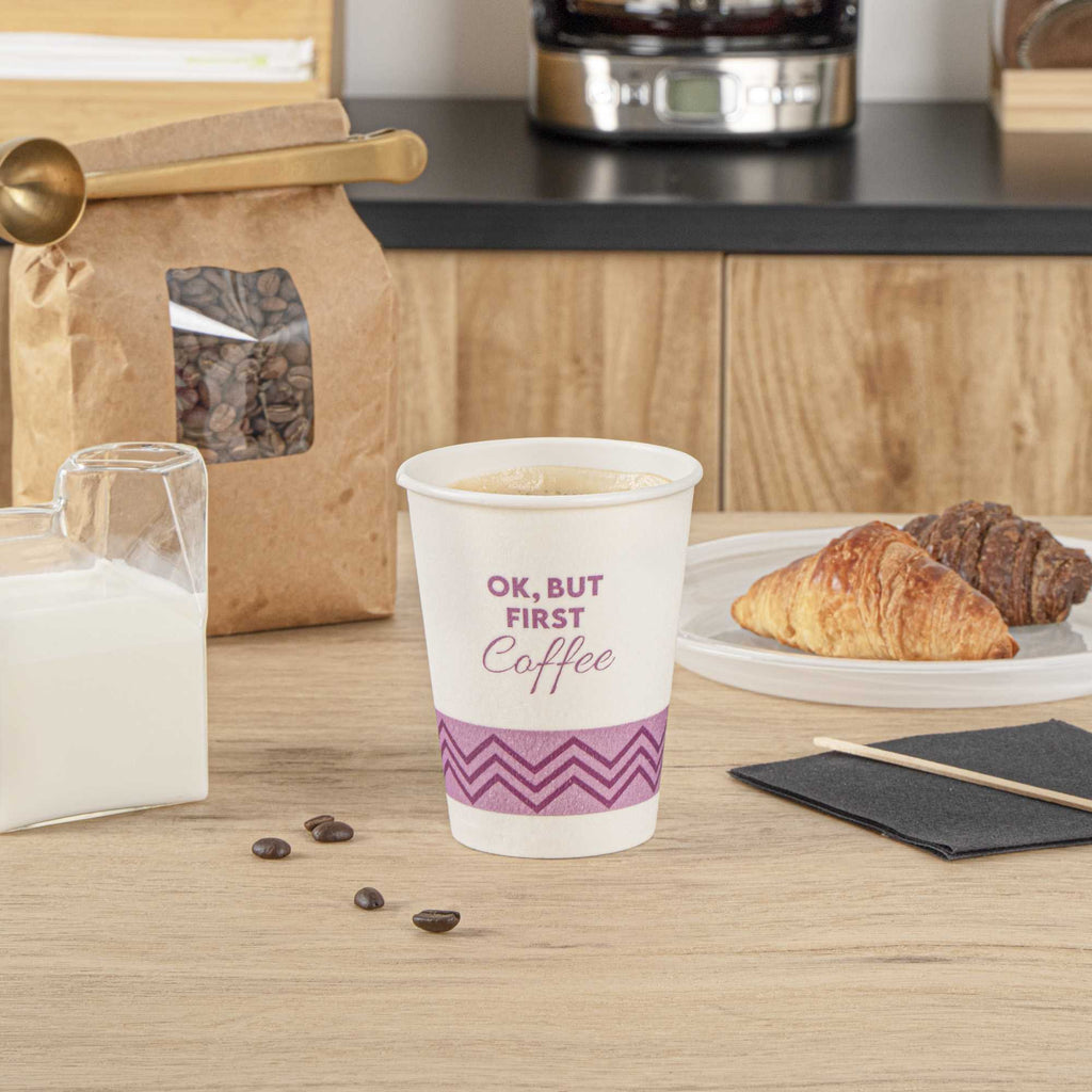 Restpresso 12 oz Pink Paper Insulated Hot Cup - Ok, But First Coffee - 500 count box