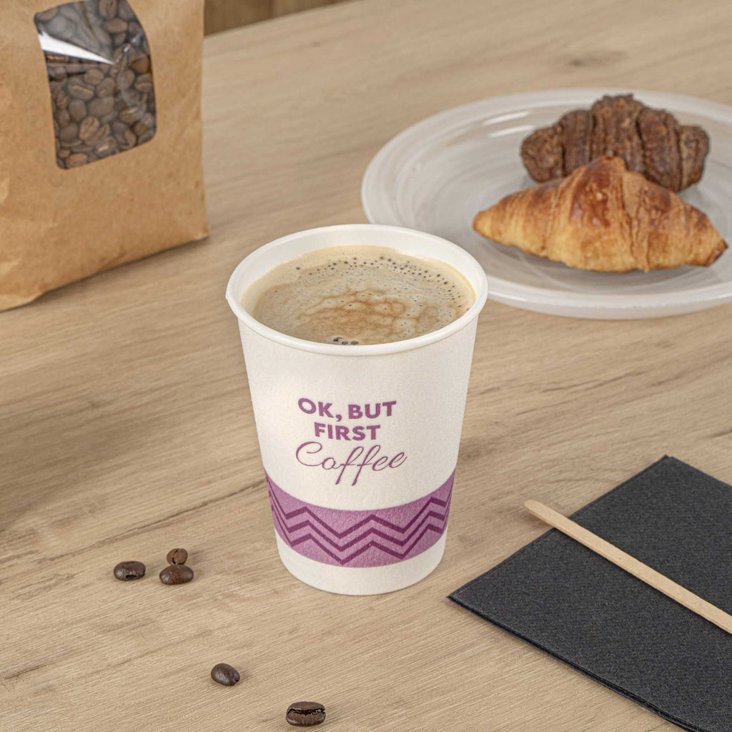 Restpresso 12 oz Pink Paper Insulated Hot Cup - Ok, But First Coffee - 500 count box