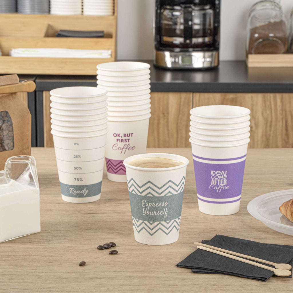 Restpresso 12 oz Assorted Paper Insulated Hot Cup Set - Coffee Quotes - 100 count box