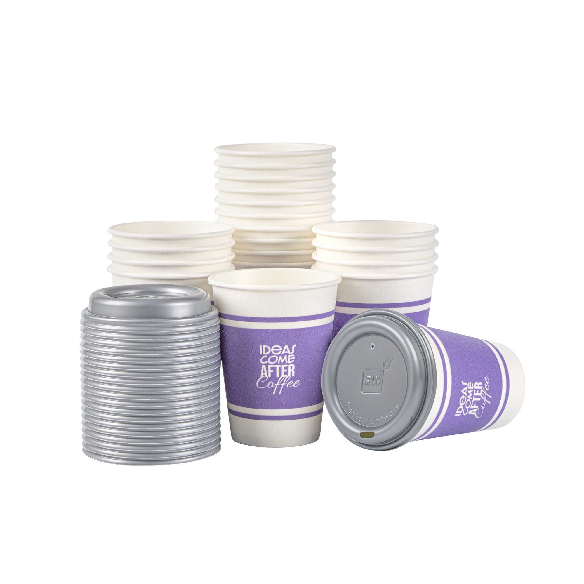 Restpresso 12 oz Purple Paper Insulated Hot Cup - Ideas Come After Coffee, with Gray Lid - 100 count box
