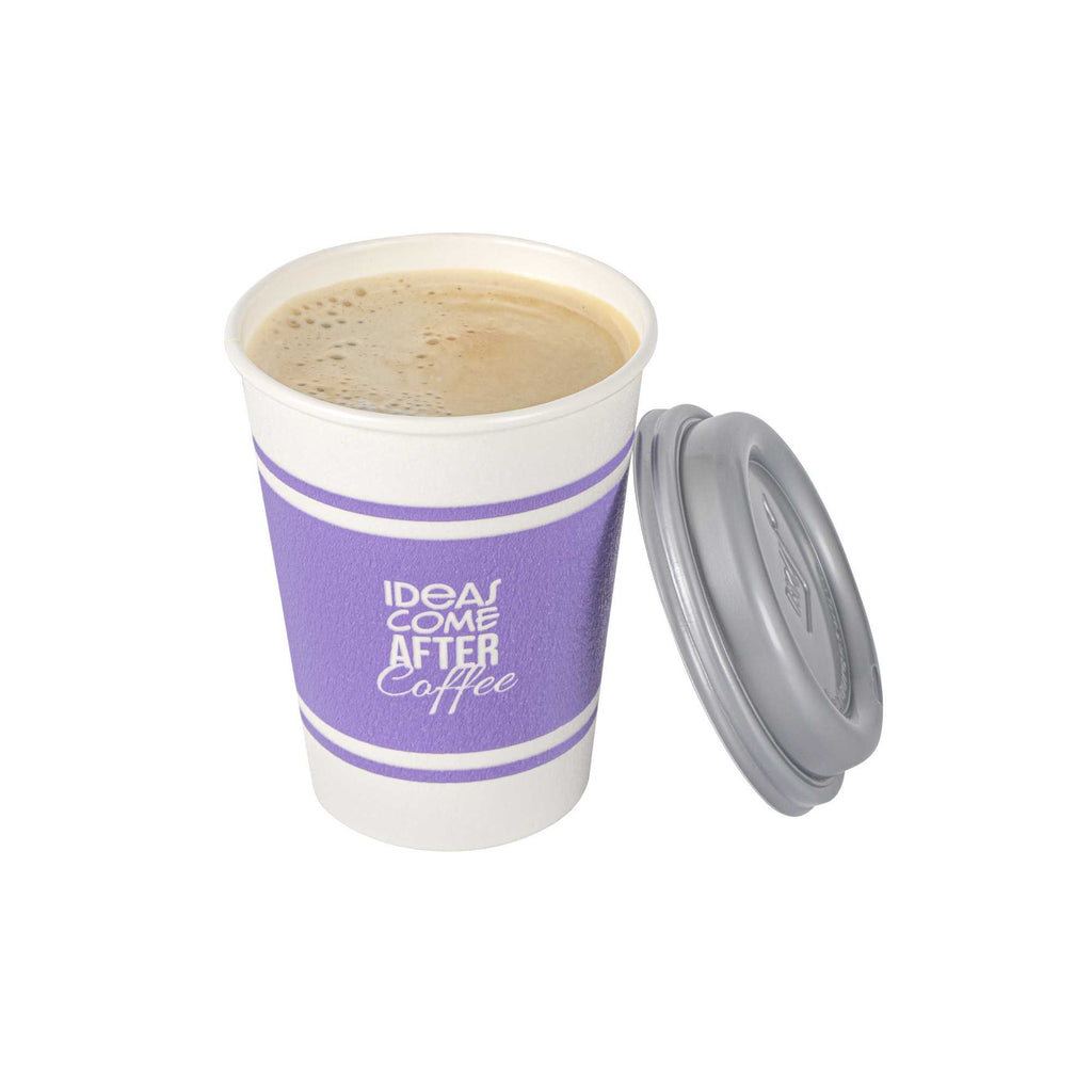 Restpresso 12 oz Purple Paper Insulated Hot Cup - Ideas Come After Coffee, with Gray Lid - 100 count box