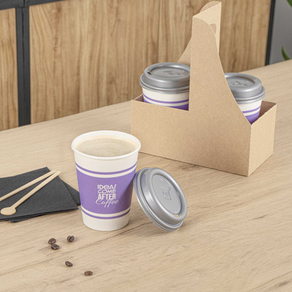 Restpresso 12 oz Purple Paper Insulated Hot Cup - Ideas Come After Coffee, with Gray Lid - 100 count box