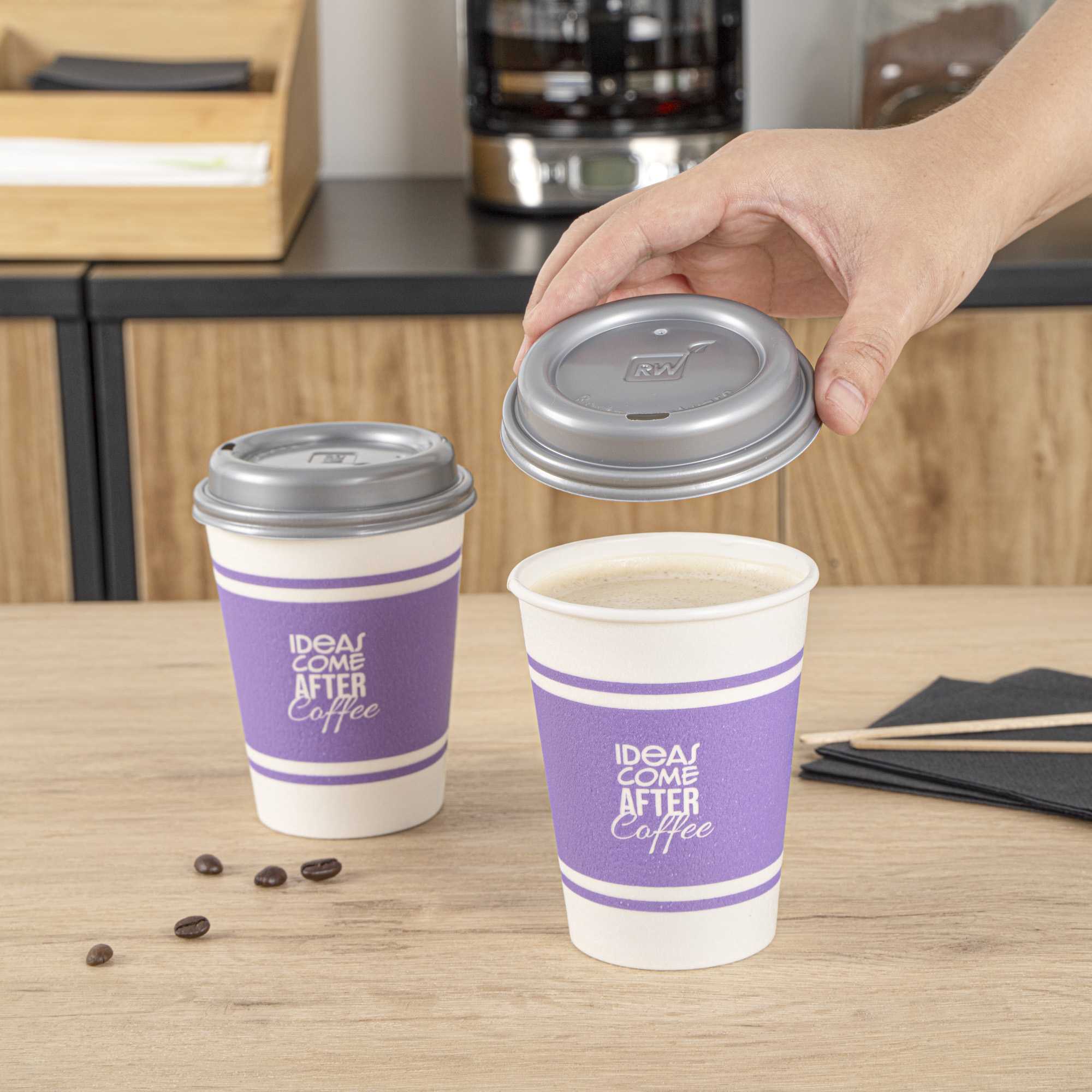 Restpresso 12 oz Purple Paper Insulated Hot Cup - Ideas Come After Coffee, with Gray Lid - 100 count box