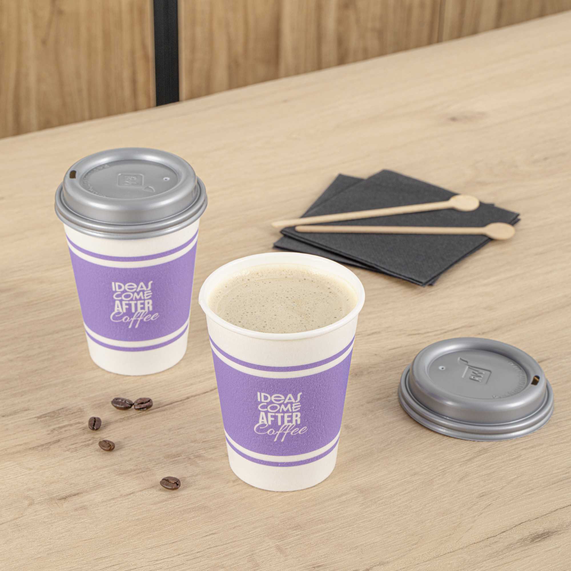 Restpresso 12 oz Purple Paper Insulated Hot Cup - Ideas Come After Coffee, with Gray Lid - 100 count box