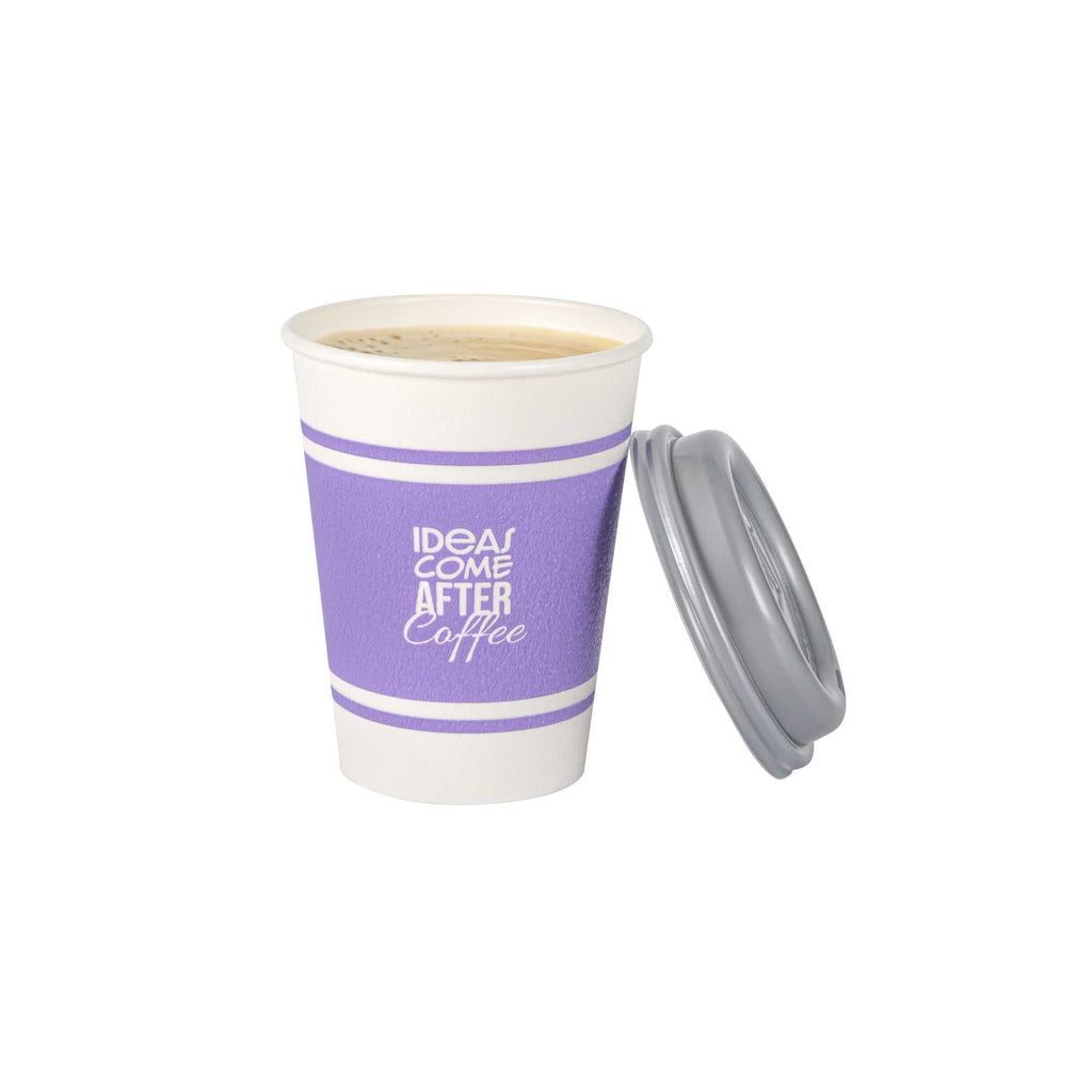 Restpresso 12 oz Purple Paper Insulated Hot Cup - Ideas Come After Coffee, with Gray Lid - 400 count box
