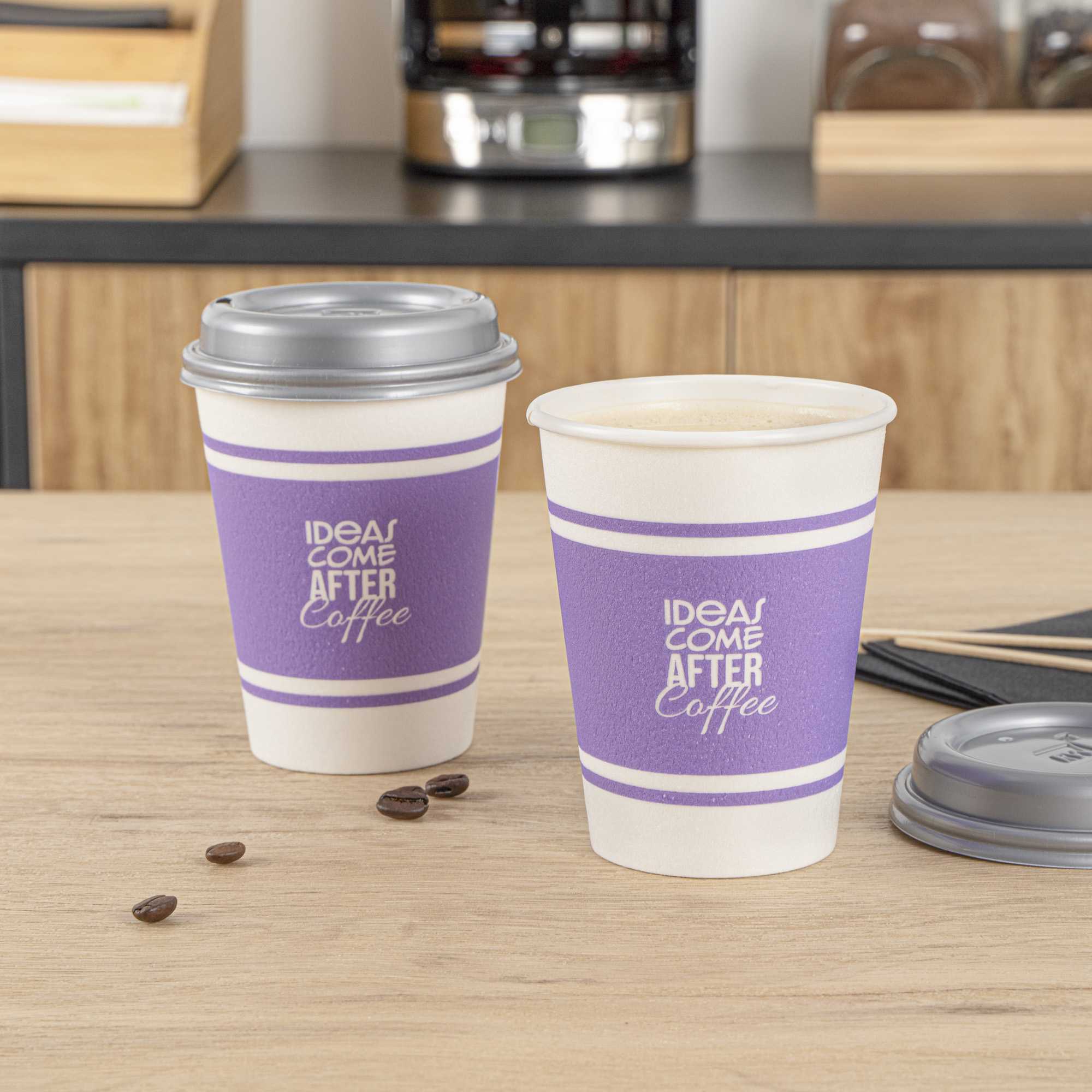 Restpresso 12 oz Purple Paper Insulated Hot Cup - Ideas Come After Coffee, with Gray Lid - 400 count box