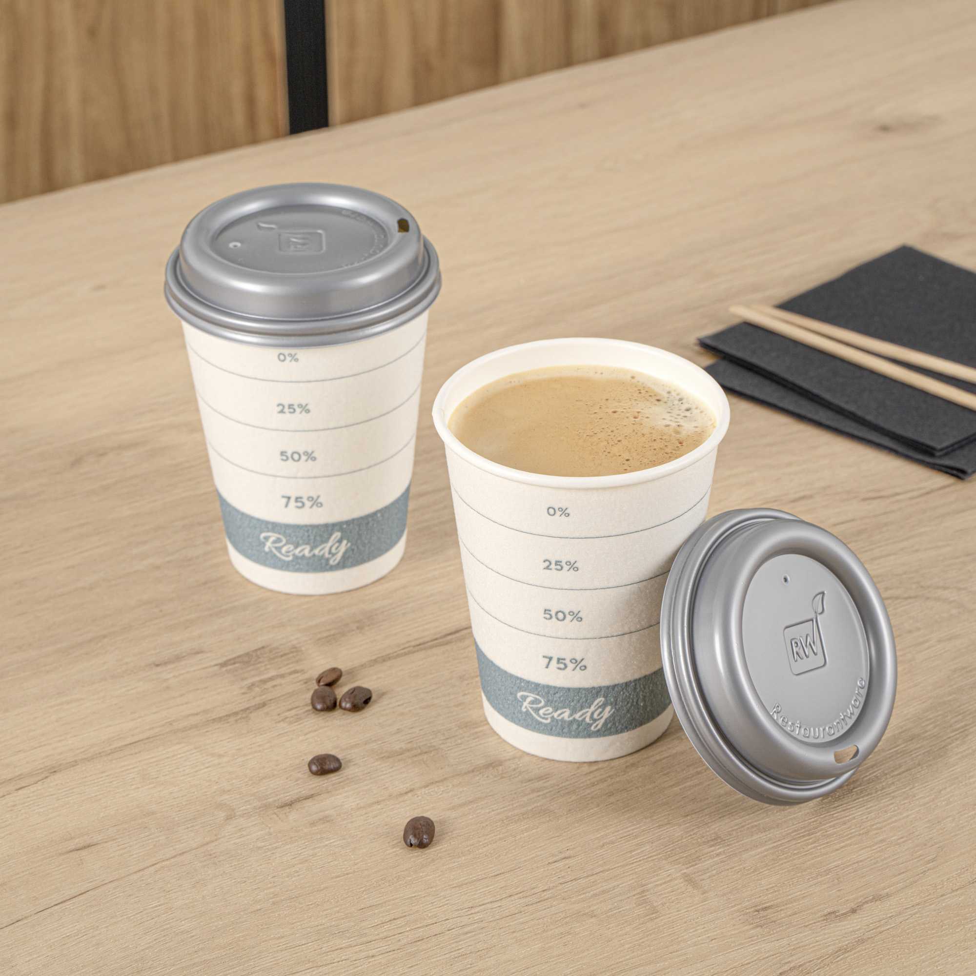 Restpresso 12 oz Green Paper Insulated Hot Cup - Readiness Meter, with Gray Lid - 400 count box
