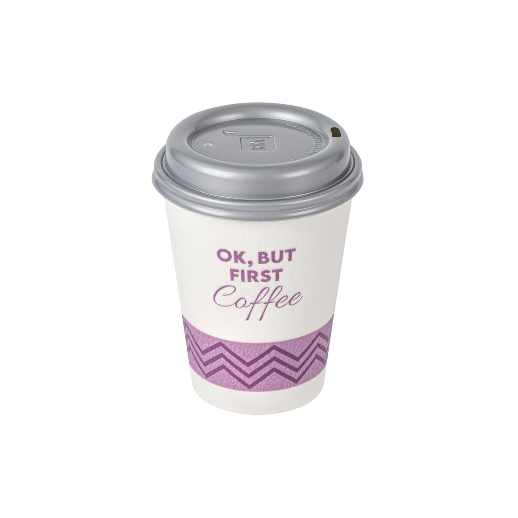 Restpresso 12 oz Pink Paper Insulated Hot Cup - Ok, But First Coffee, with Gray Lid - 100 count box