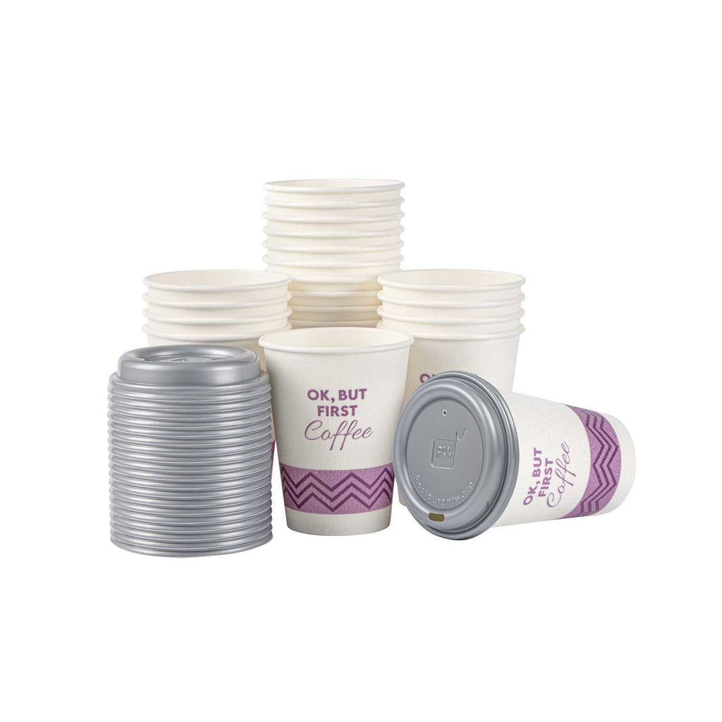 Restpresso 12 oz Pink Paper Insulated Hot Cup - Ok, But First Coffee, with Gray Lid - 100 count box