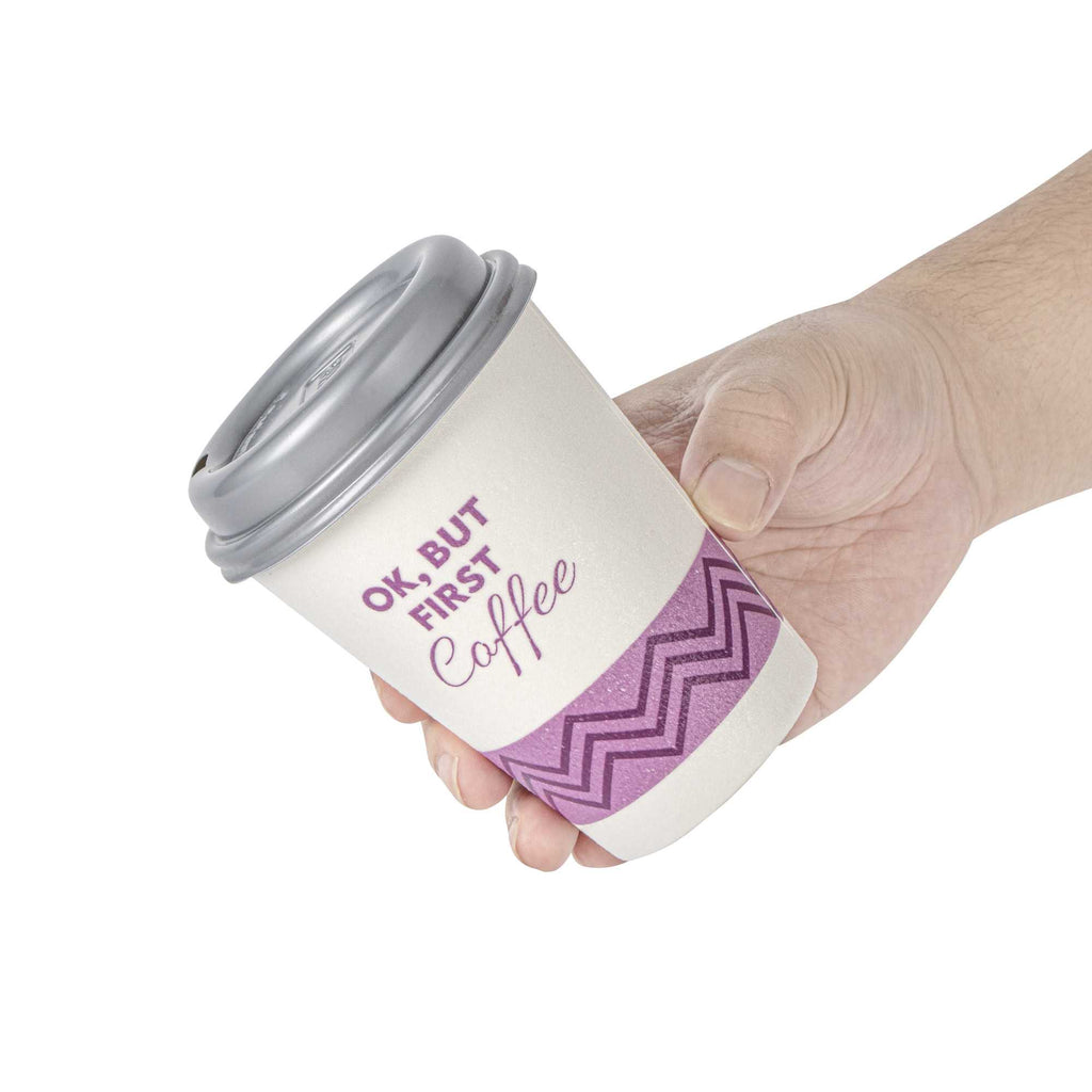 Restpresso 12 oz Pink Paper Insulated Hot Cup - Ok, But First Coffee, with Gray Lid - 100 count box