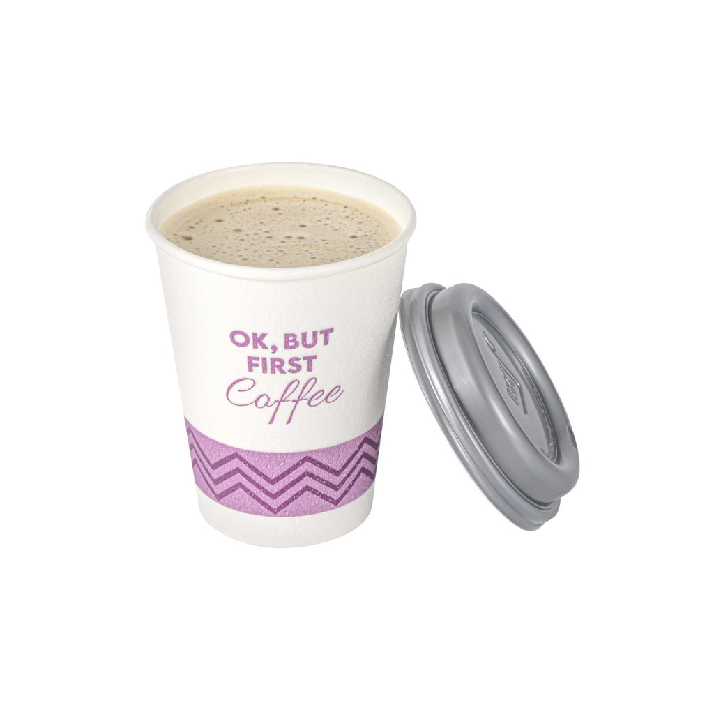 Restpresso 12 oz Pink Paper Insulated Hot Cup - Ok, But First Coffee, with Gray Lid - 100 count box