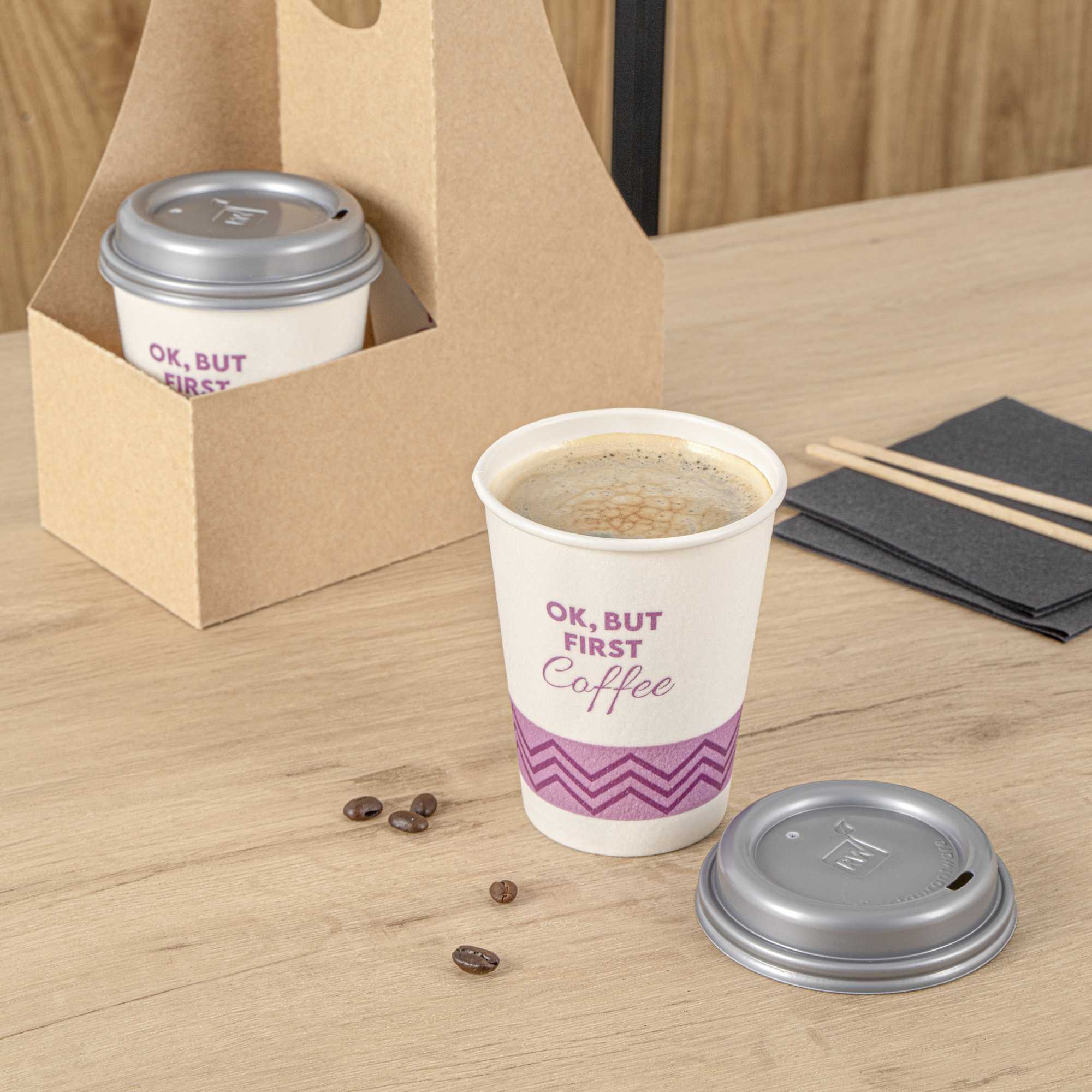 Restpresso 12 oz Pink Paper Insulated Hot Cup - Ok, But First Coffee, with Gray Lid - 100 count box