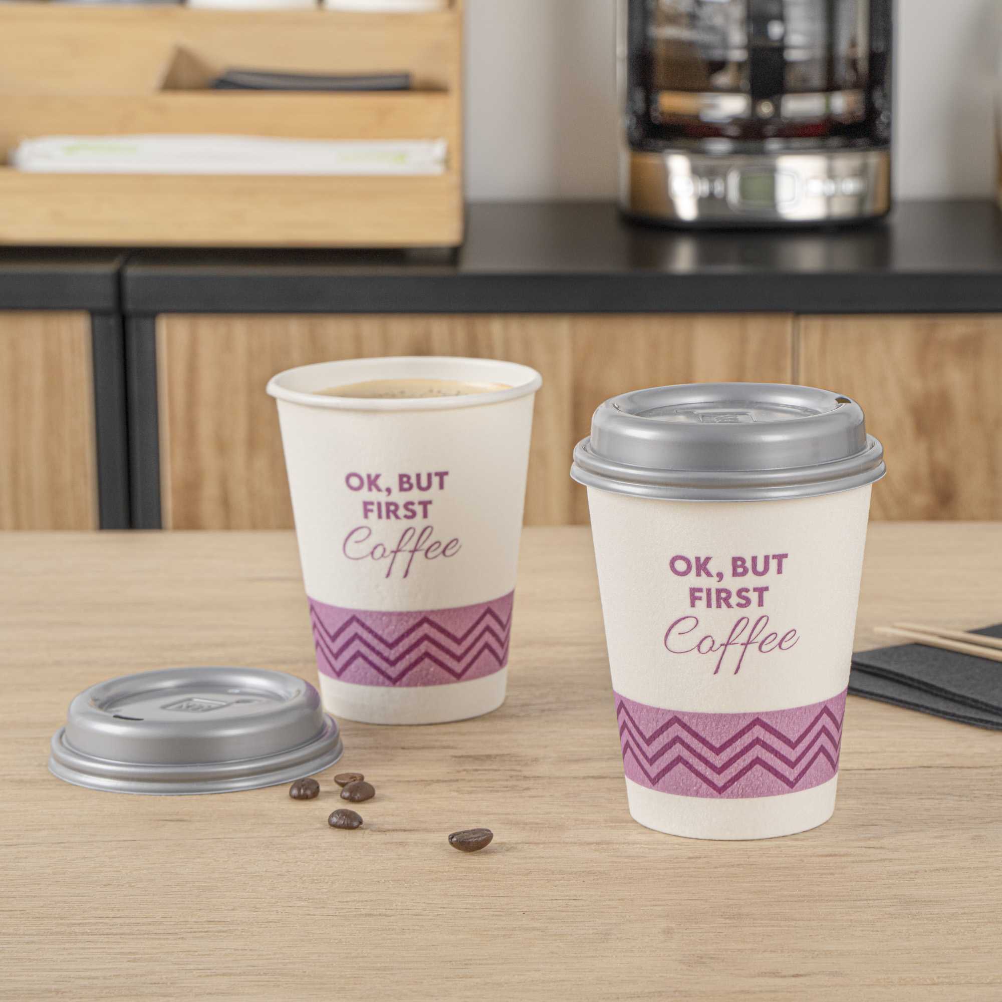 Restpresso 12 oz Pink Paper Insulated Hot Cup - Ok, But First Coffee, with Gray Lid - 100 count box