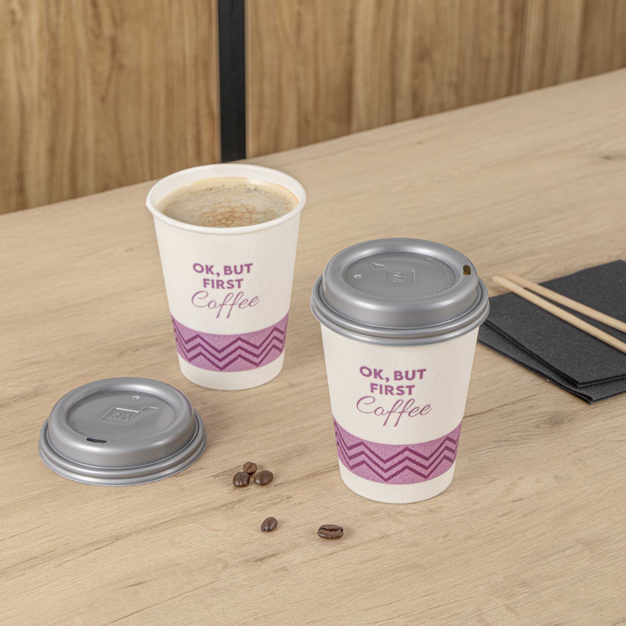 Restpresso 12 oz Pink Paper Insulated Hot Cup - Ok, But First Coffee, with Gray Lid - 100 count box