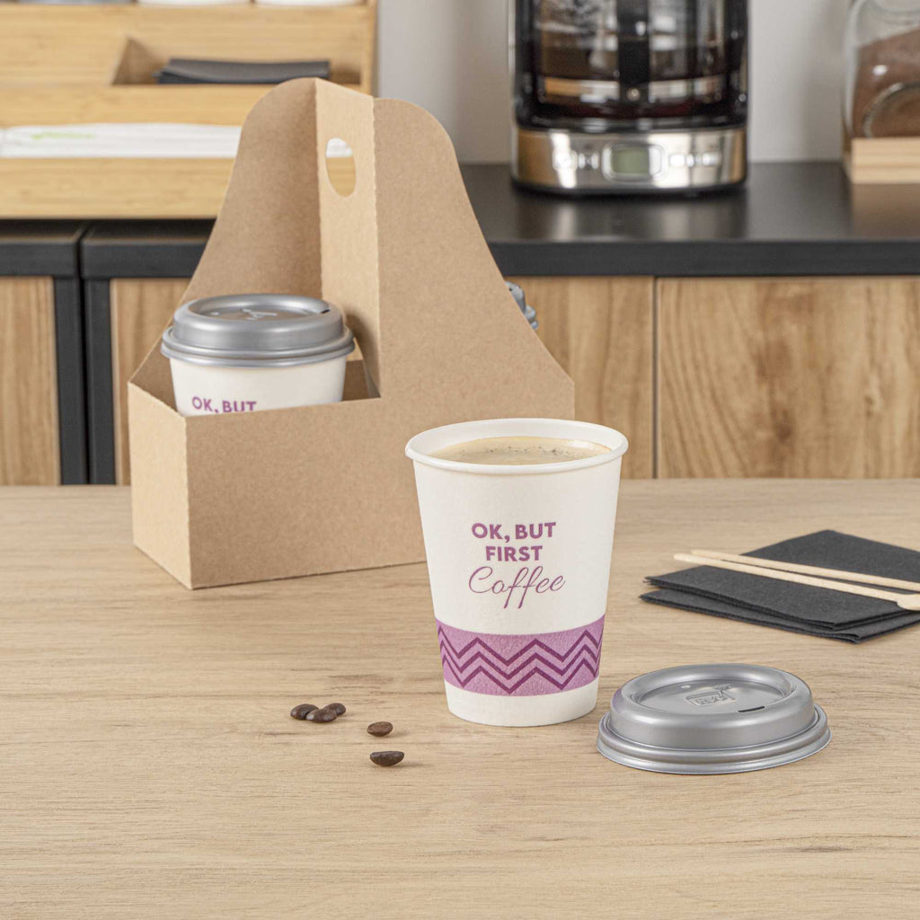 Restpresso 12 oz Pink Paper Insulated Hot Cup - Ok, But First Coffee, with Gray Lid - 400 count box