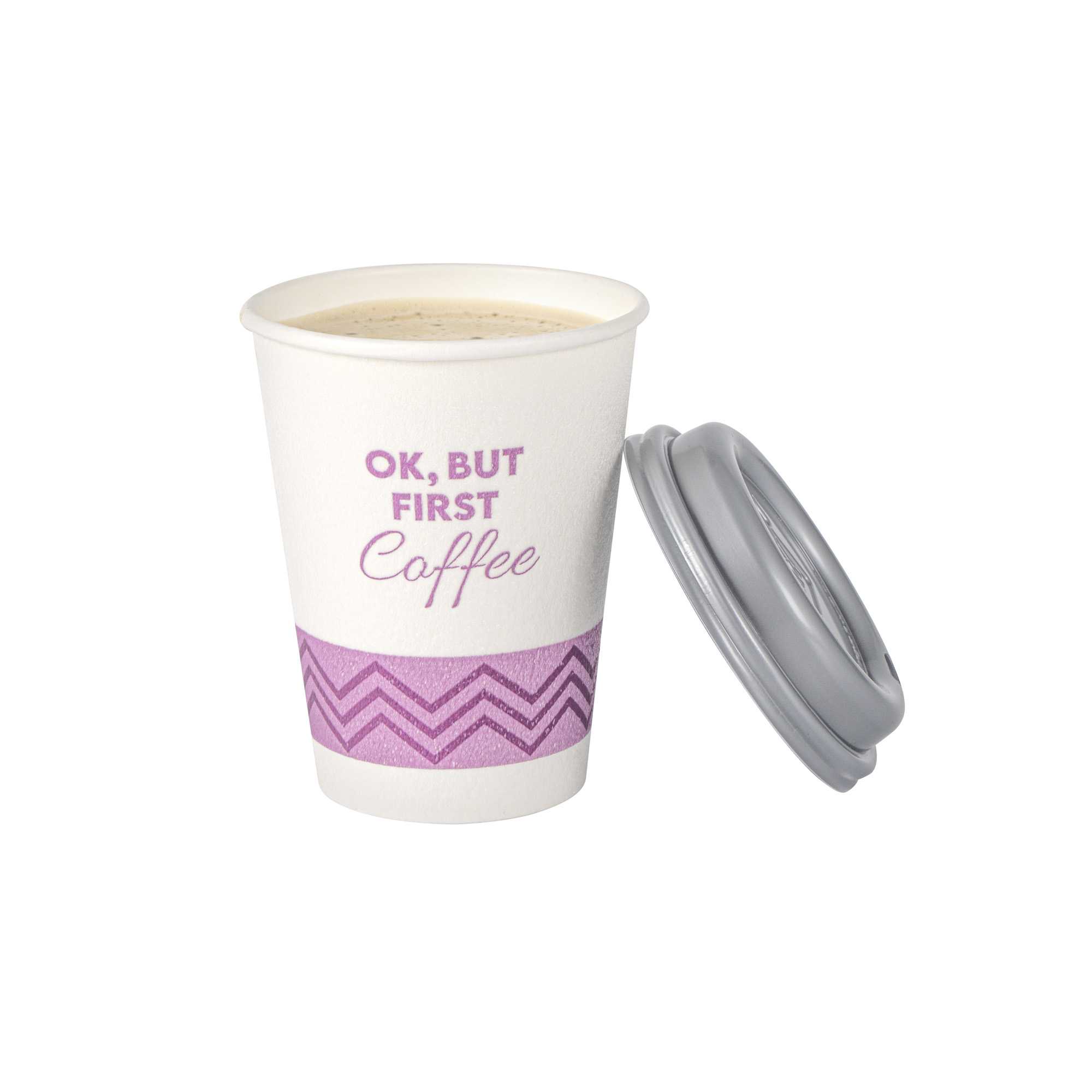 Restpresso 12 oz Pink Paper Insulated Hot Cup - Ok, But First Coffee, with Gray Lid - 400 count box